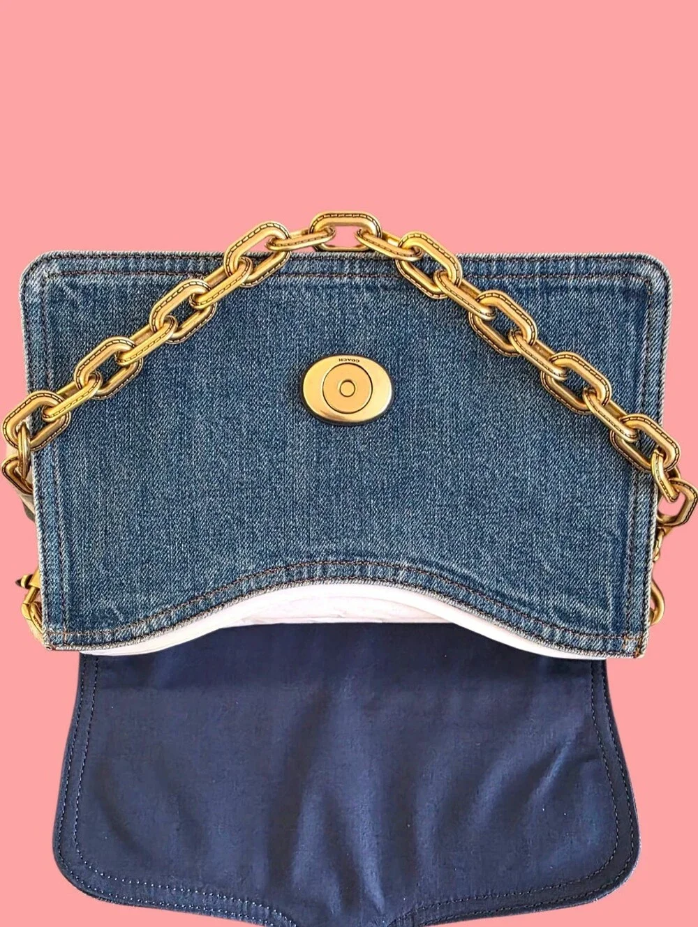 COACH Chain Tabby Denim Shoulder Bag Deep Blue Jean Wash NEW